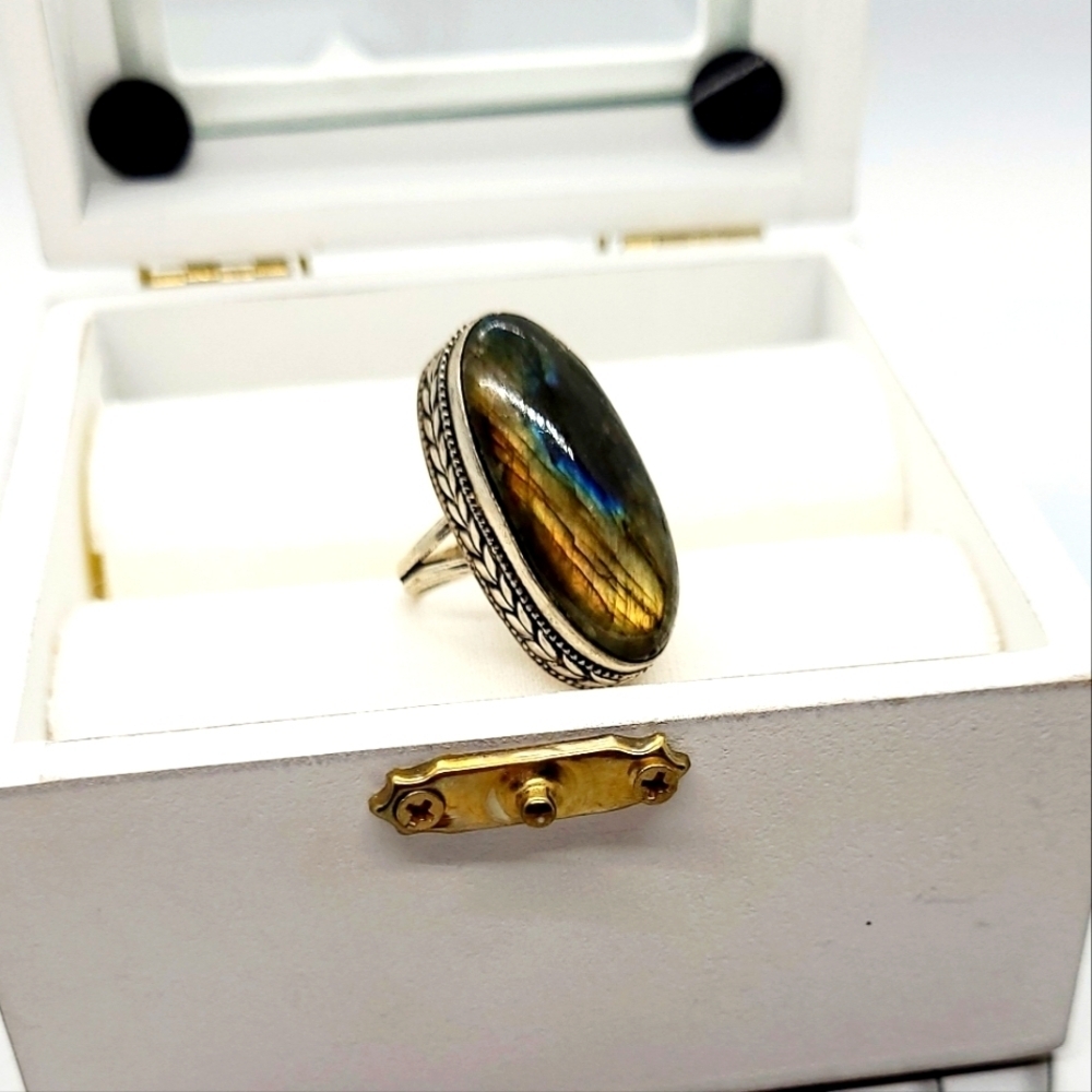 Large Oval Labradorite Stone Knuckle To Knucke Silver Ring Sz 7